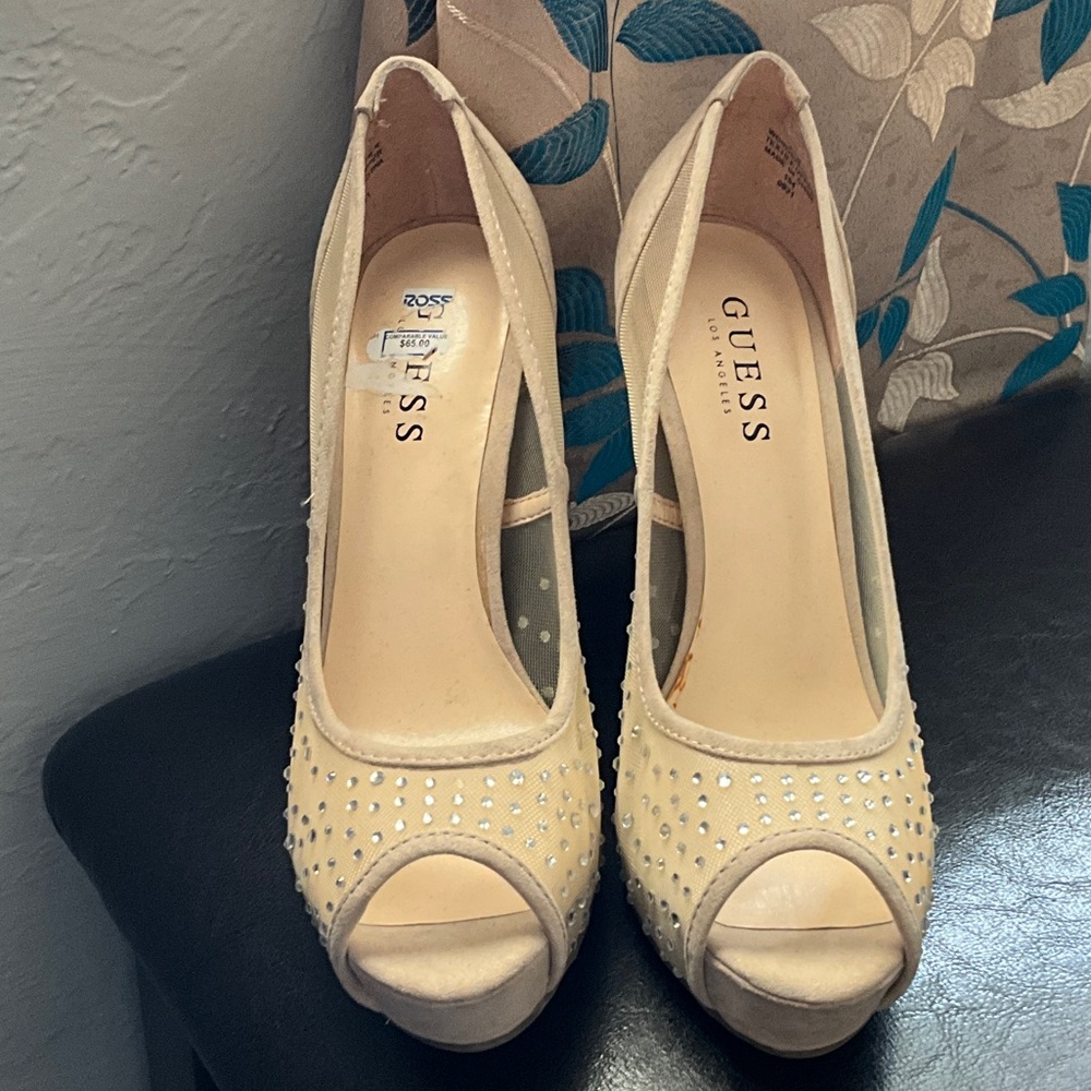 Guess Women's Beige Studded Peep Toe Heels